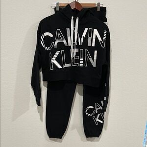 Calvin Klein Black Cropped Hoodie Joggers Set with White Logo
